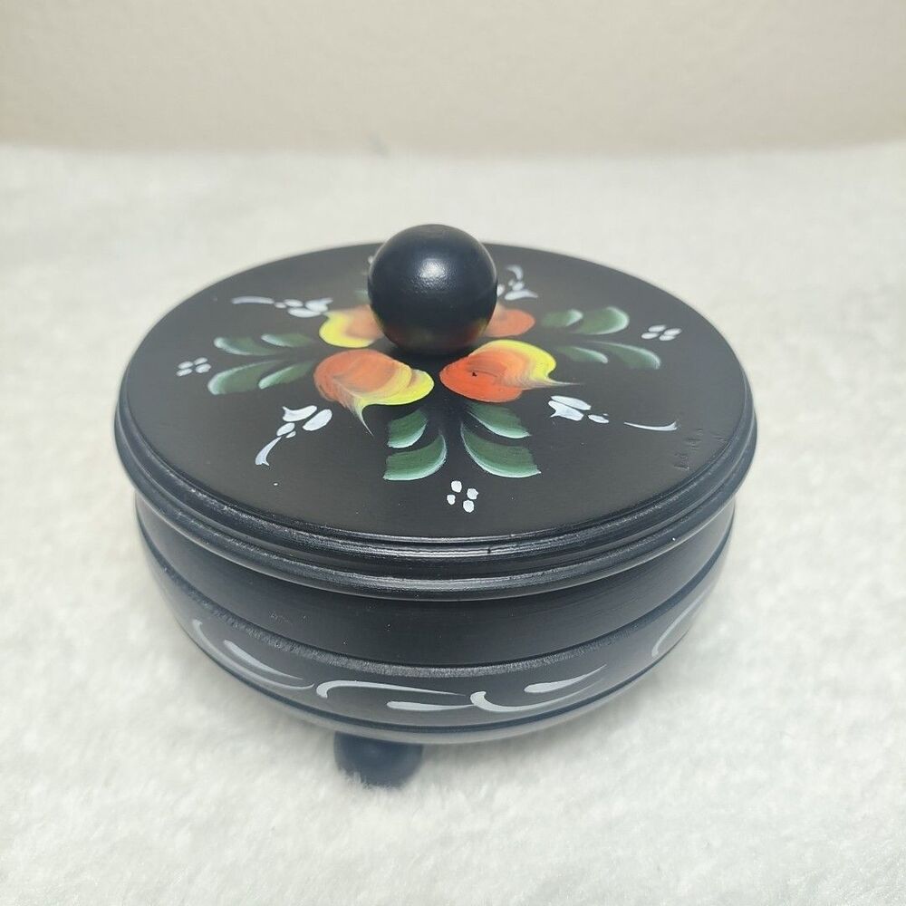 Hand Made And Hand Painted Round Wooden Flower Trinket Box From Norway